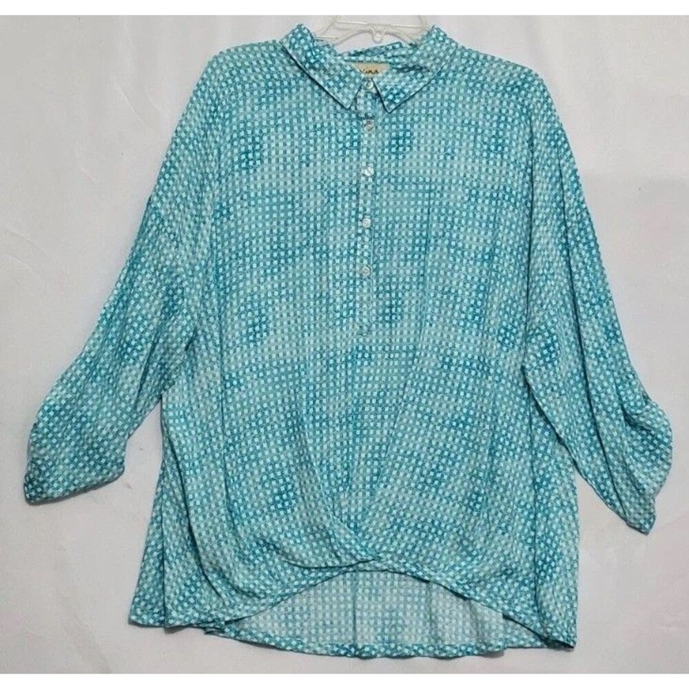 Davina Womens XL 100% Rayon Aqua Blue Check Print Roll Tab Collared Blouse